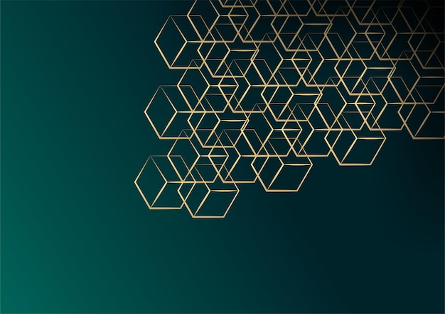 Fondo oscuro abstracto con forma geométrica y combinación de elementos dorados. Fondo verde oscuro y dorado para diseño de presentación, plantilla de portada, banner, volante, informe corporativo y más