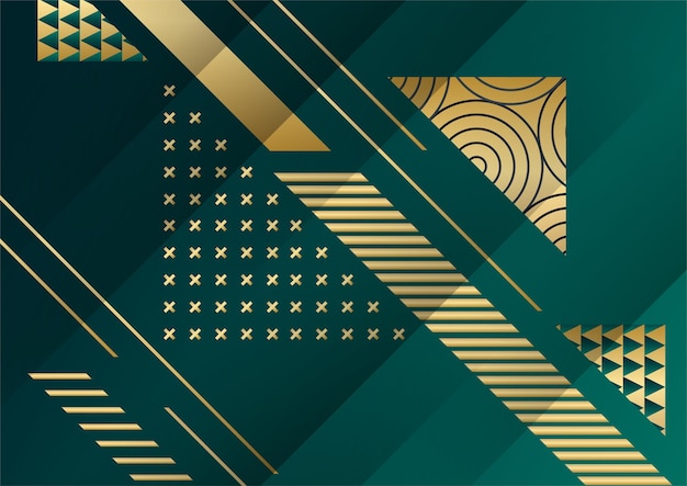 Fondo oscuro abstracto con forma geométrica y combinación de elementos dorados. Fondo verde oscuro y dorado para diseño de presentación, plantilla de portada, banner, volante, informe corporativo y más