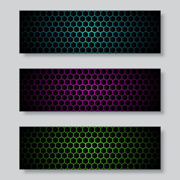 Fondo oscuro abstracto con hexágonos luminosos púrpuras, azules, verdes, tecnología, neón