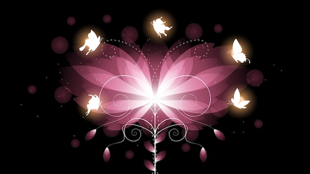 Fondo Oscuro Abstracto Con Mariposas Insectos Resplandor Luz Brillo Destellos Estilo De Diseño Vectorial
