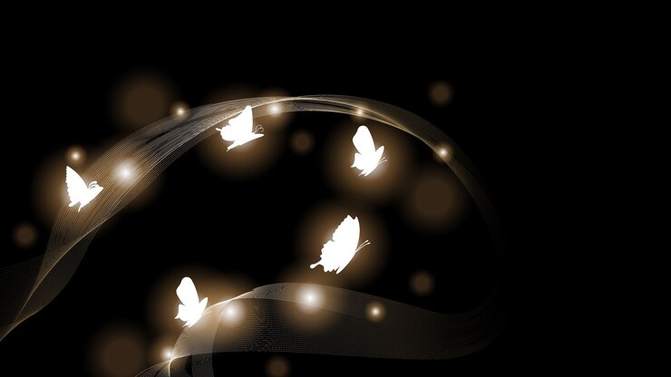 Vector fondo oscuro abstracto con mariposas insectos resplandor luz brillo destellos estilo de diseño vectorial