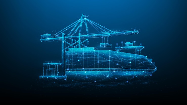 Vector fondo oscuro azul de transporte de negocios digitales de tecnología de portacontenedores logísticos.
