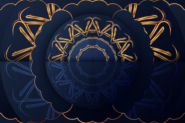 Fondo oscuro Mandala Ilustración floral azul y dorado con detalle concéntrico