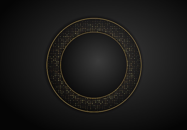 Fondo oscuro moderno abstracto con capas superpuestas. Textura realista con elemento de puntos dorados, círculo de efecto de luz brillante brilla. Plantilla de diseño de tecnología.