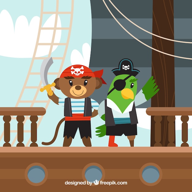 Vector fondo de oso y loro pirata en diseño plano