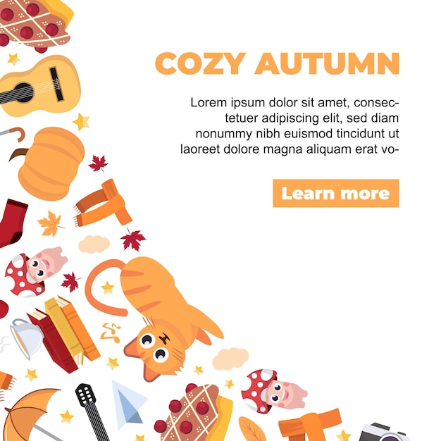 fondo de otoño acogedor elementos de atmósfera de otoño cálido acogedor tetera hojas de gato setas paraguas días lluviosos elementos de dibujos animados vectoriales fondo plano en forma de esquina