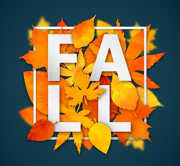 Vector fondo de otoño coloridas hojas de acuarela y palabra caída