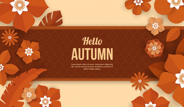 Fondo de otoño con elementos de flores en papel cortado estilo