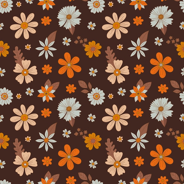 Fondo de otoño floral bohemio en estilo retro. Flores y hojas abstractas de otoño en un marrón oscuro