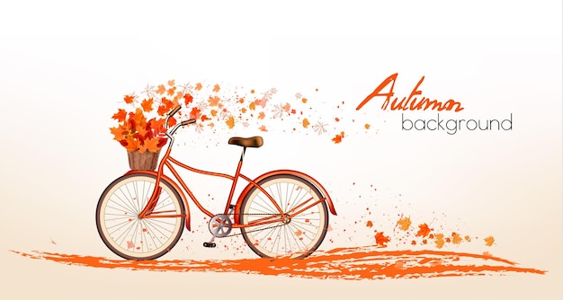 Fondo de otoño con hojas de colores y una bicicleta. vector