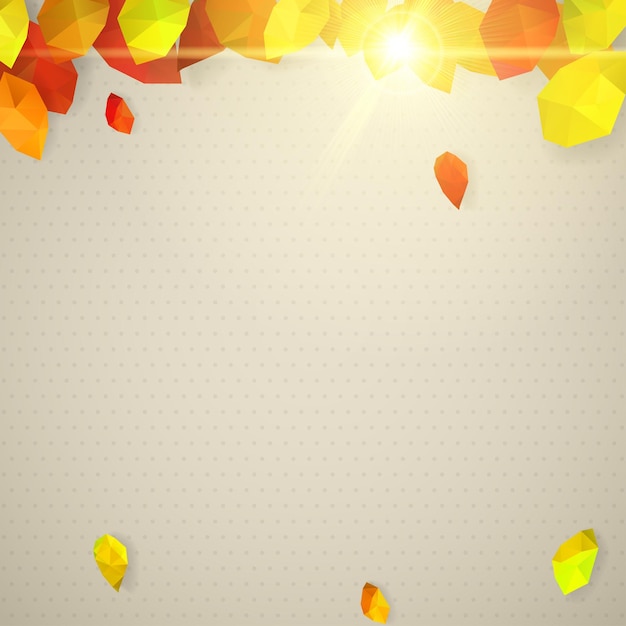 Fondo de otoño con hojas de puntos en estilo triangular lowpoly y sol