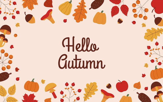Fondo de otoño con hojas setas piñas conos bayas nueces y letras concepto de otoño