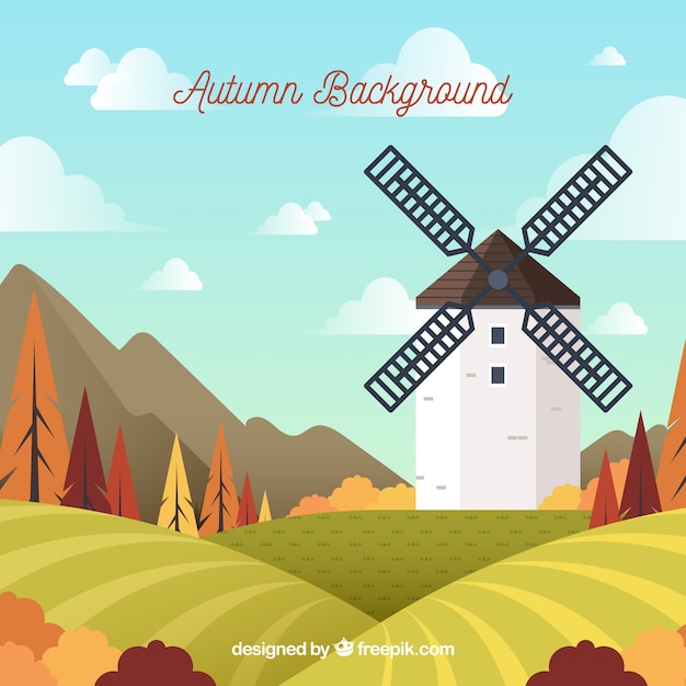 Vector fondo de otoño con molino y paisaje