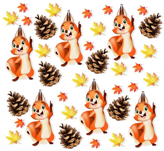 Fondo de otoño con el personaje de ardilla divertida