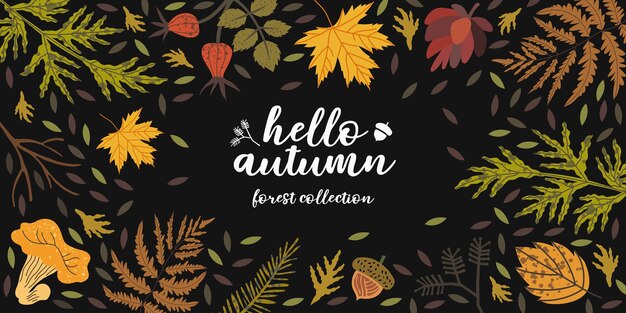 Fondo de otoño de vector con elementos florales que se pueden utilizar como folleto, banner, página de destino, cartel para la nueva colección de otoño o venta. Conjunto de ilustración de bosque o cosecha.