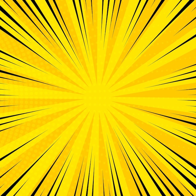 Fondo de página de cómic amarillo en estilo pop art con espacio vacío. Plantilla con rayos, puntos y textura de efecto de trama de semitonos. ilustración vectorial