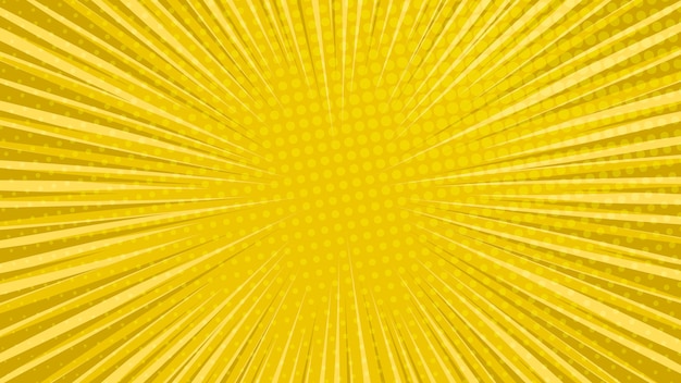 Fondo de página de cómic amarillo en estilo pop art con espacio vacío. Plantilla con rayos, puntos y textura de efecto de trama de semitonos. ilustración vectorial