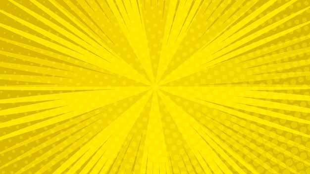 Fondo de página de cómic amarillo en estilo pop art con espacio vacío. Plantilla con rayos, puntos y textura de efecto de trama de semitonos. ilustración vectorial