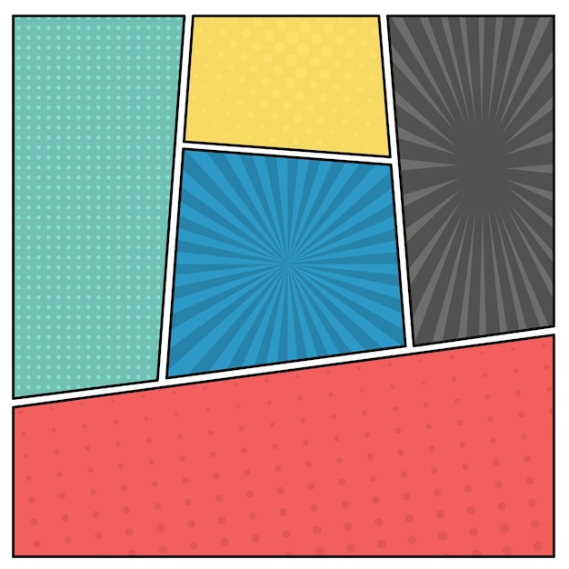 Fondo de página de cómic colorido en estilo pop art. Plantilla vacía con patrón de rayas y puntos. ilustración vectorial
