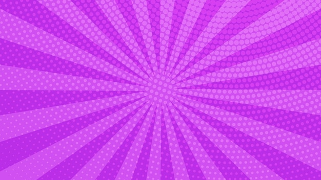 Fondo de página de cómic púrpura en estilo pop art con espacio vacío. Plantilla con rayas, puntos y textura de efecto de semitono. Ilustración vectorial