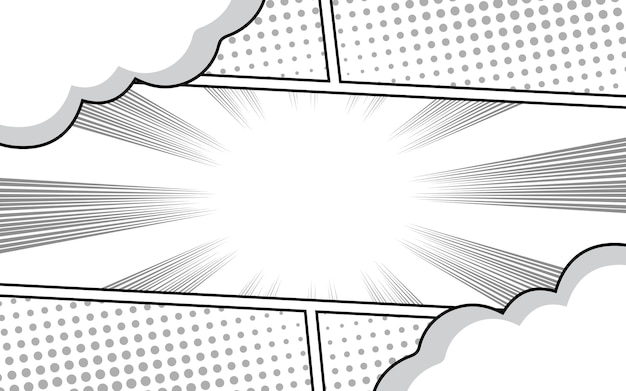 Fondo de la página del cómic con rayos radiales y efecto de medio tono Ilustración vectorial en blanco y negro
