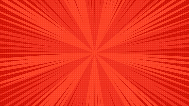 Fondo de página de cómic rojo en estilo pop art con espacio vacío. Plantilla con rayas, puntos y textura de efecto de semitono. Ilustración vectorial