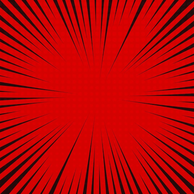 Fondo de página de cómic rojo en estilo pop art con espacio vacío. Plantilla con rayos, puntos y textura de efecto de trama de semitonos. ilustración vectorial