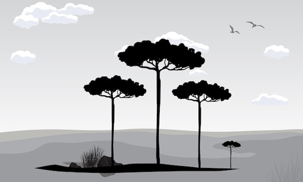 Fondo del paisaje con árboles negros y pájaros