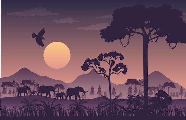 Vector fondo de paisaje de bosque crepuscular silueta