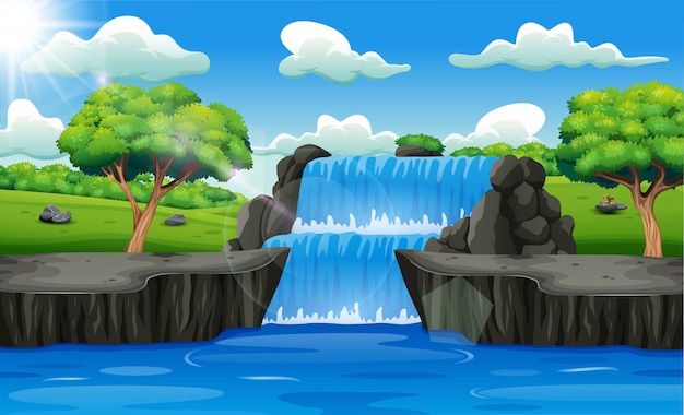 Vector fondo de paisaje de cascada en el bosque