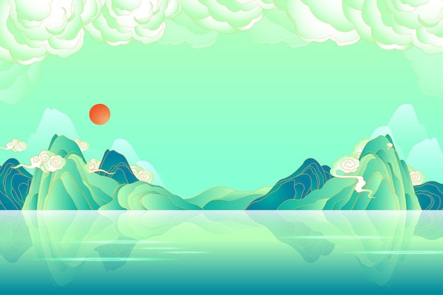 Vector fondo de paisaje colorido con montañas y nubes