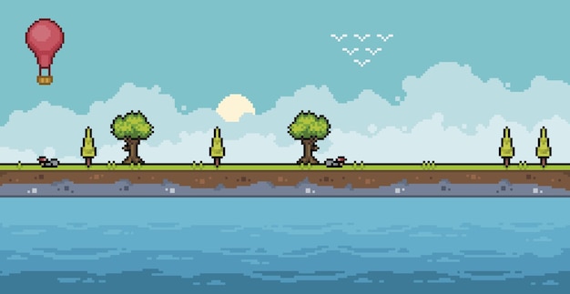 Fondo de paisaje de la costa del mar de pixel art con árboles y escena de cielo nublado para juego de 8 bits