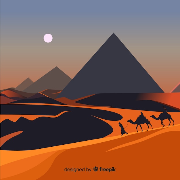 Fondo de paisaje de egipto con camellos y pirámides