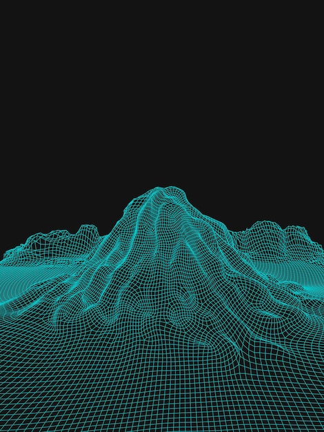 Fondo de paisaje de estructura metálica de vector abstracto azul Montañas de malla futurista 3D Ilustración retro Valles de tecnología de ciberespacio de los años 80