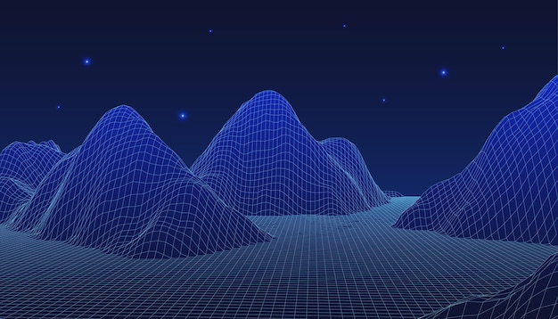 Fondo de paisaje con grandes montañas y un cielo azul profundo con estrellas