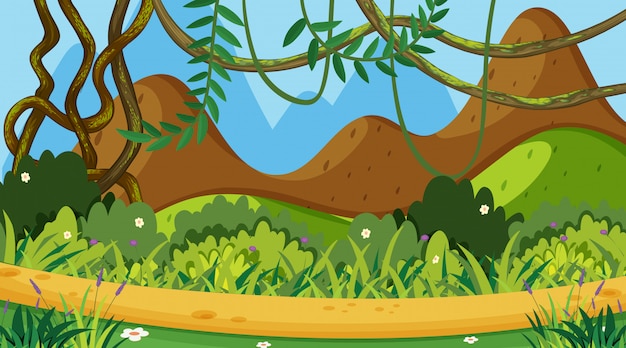 Vector fondo de paisaje con hierba verde en la montaña