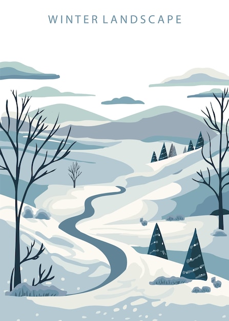 fondo de paisaje de invierno con árbol de montañaIlustración vectorial editable para postal de tamaño vertical 4