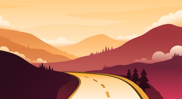 Vector fondo de paisaje de montaña y carretera de noche