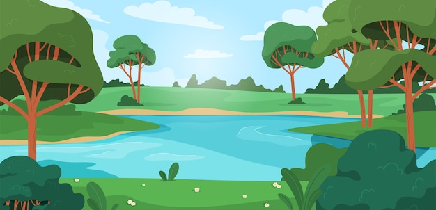 Fondo de paisaje de naturaleza hermoso paisaje de verano con árboles y río ilustración vectorial