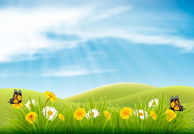 Fondo de paisaje de naturaleza de primavera con flores y mariposas Vector