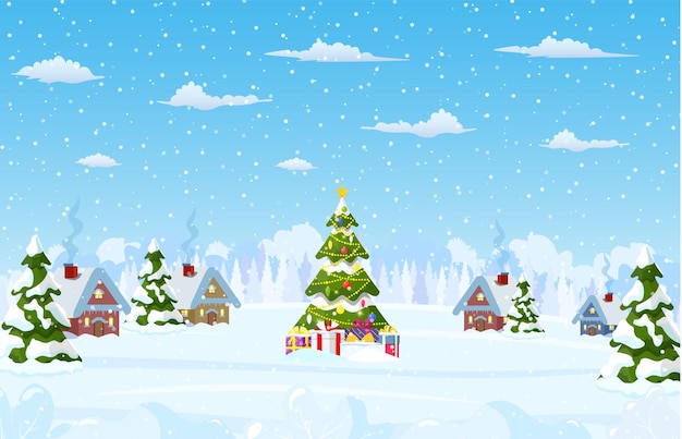 Fondo de paisaje navideño con árbol de Navidad con gifbox Feliz Navidad vacaciones Año nuevo y celebración de Navidad Ilustración vectorial en estilo plano