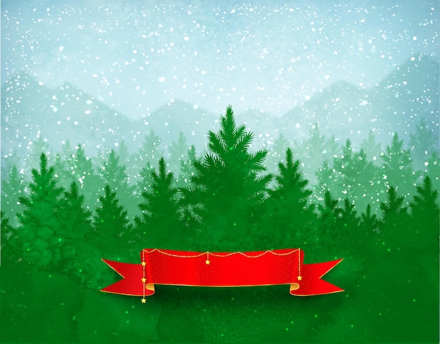 Vector fondo de paisaje navideño con nieve que cae y silueta de bosque de abetos