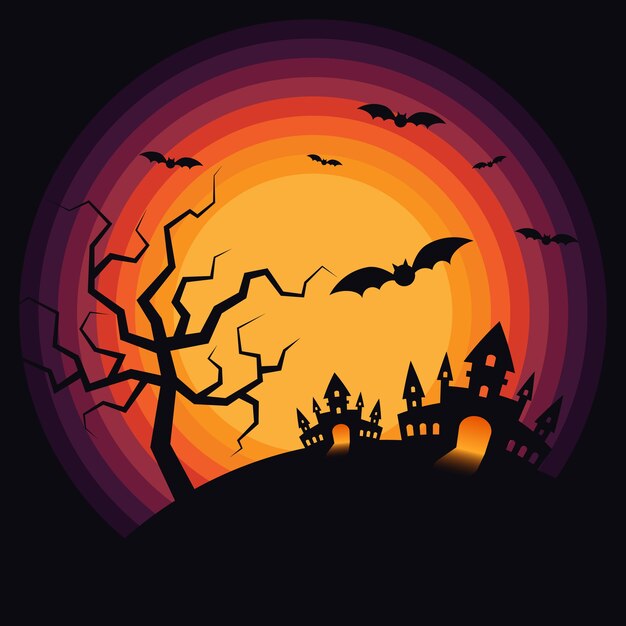 Fondo de paisaje de noche de halloween decorativo con castillo y murciélagos. elemento de diseño para halloween