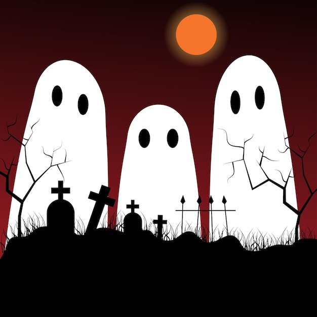 Fondo de paisaje de noche de halloween con fantasmas