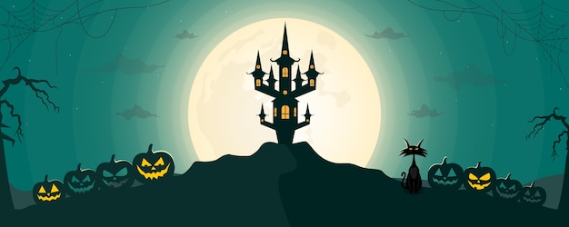 Vector fondo de paisaje de noche de halloween feliz con luna y castillo de miedo.