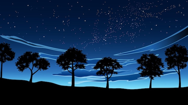 Fondo de paisaje de noche de silueta de árbol con nubes y estrellas