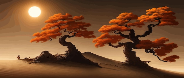 Fondo de paisaje otoño naranja gran árbol torcido en una colina diseño de arte de planta sola para portada impresa