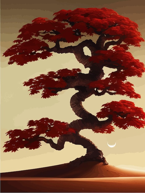 Vector fondo de paisaje otoño naranja gran árbol torcido en una colina diseño de arte de planta sola para portada impresa