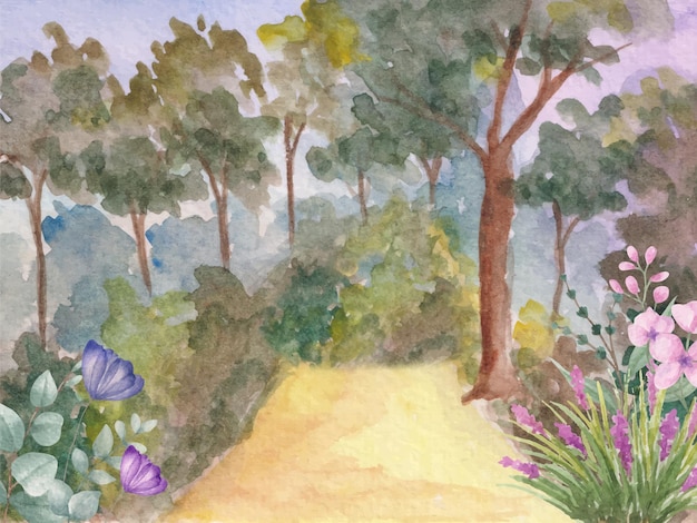 Fondo de paisaje de primavera acuarela pintada a mano