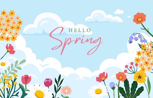 Fondo de paisaje de primavera con cielo y árbol para diseño horizontal